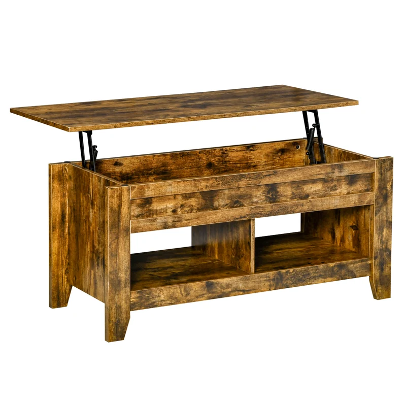 Easycomfort Tavolino da Salotto in Stile Industriale con Vano Contenitore e Piano Sollevabile in Legno, 105x50x49cm, Marrone Rustico