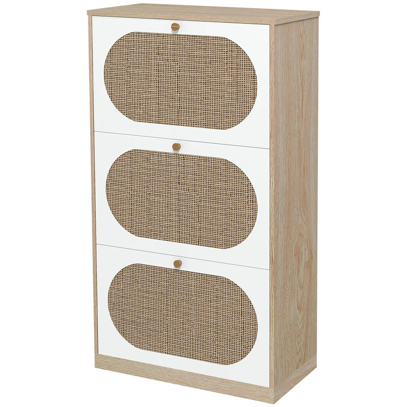 Easycomfort Scarpiera Stile Boho in Rattan, Truciolato e MDF con 3 Ripiani Regolabili per 18 Paia max, 60x24x115 cm