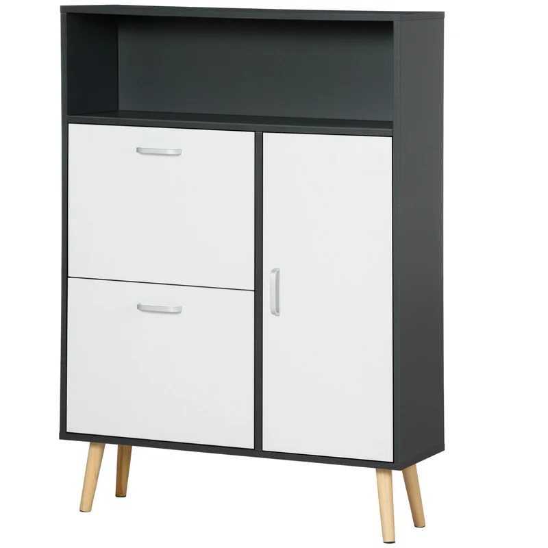 Easycomfort Scarpiera Salvaspazio per 8 Paia di Scarpe con 2 Ante e Armadietto, 80x25.5x112.5cm, Grigio e Bianco