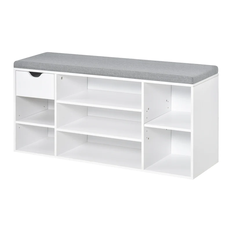 Easycomfort Panca Scarpiera Salvaspazio in Legno con Cuscino e Mensole Regolabili per 10 Scarpe, 101x29x47.5cm, Bianco Grigio