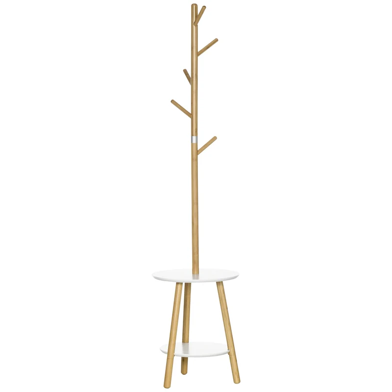 Easycomfort Appendiabiti da Terra per Ingresso in MDF e Alluminio con 5 Ganci in Bambù e Tavolino Rotondo, 39.5x39.5x171 cm