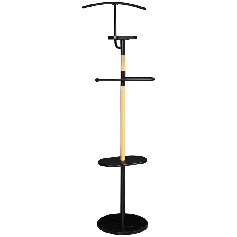 Easycomfort Appendiabiti da Terra in Legno e Acciaio con Mensole e Gruccia per Abiti, 46x35x152cm, Nero