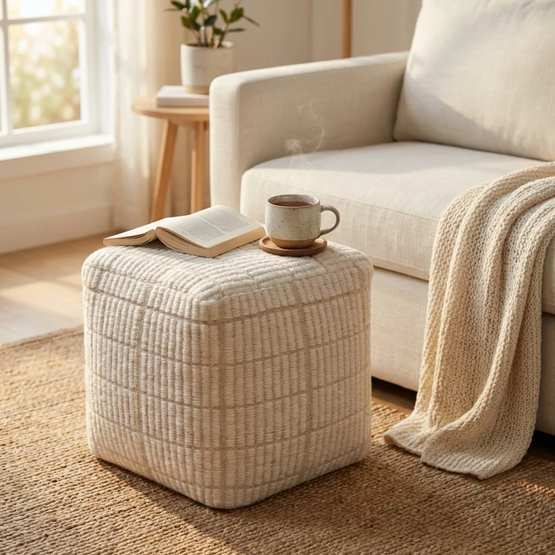 Pouf cubo in lana con texture a rilievo 40x40 cm - ULENZIO