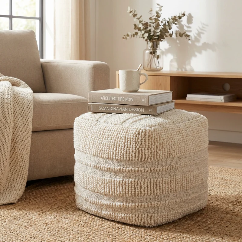 Pouf quadrato in lana tessuta con decoro 40x40 cm - FALINMIRA