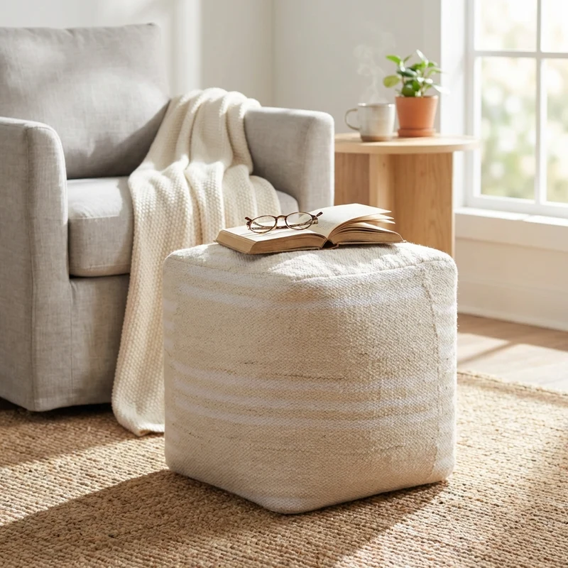 Pouf cubo in lana intrecciata avorio 40x40 cm - DELOLIA