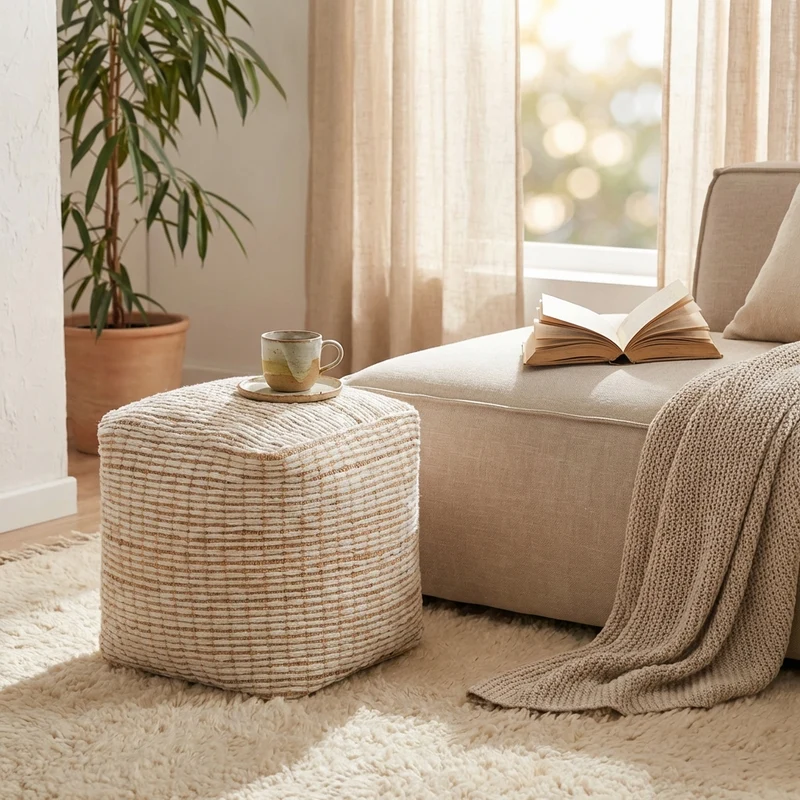 Pouf quadrato in lana intrecciata stile naturale 40x40 cm - GALIRRON