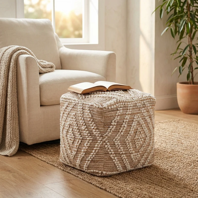 Pouf quadrato in lana con decoro geometrico boho 40x40 - FALALEN