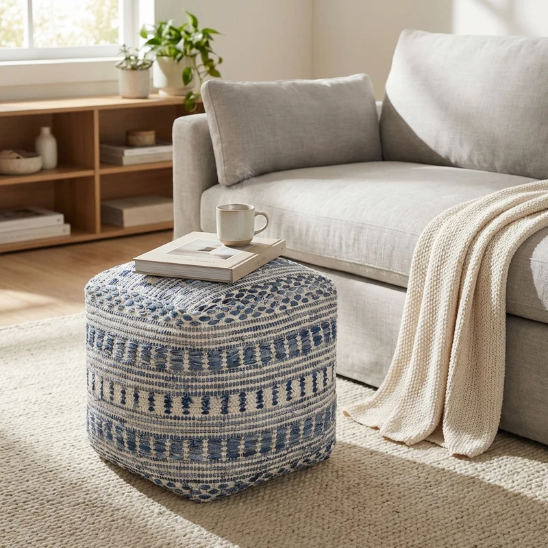 Pouf quadrato in lana intrecciata con motivi etnici 40x40 cm - PERULDOR