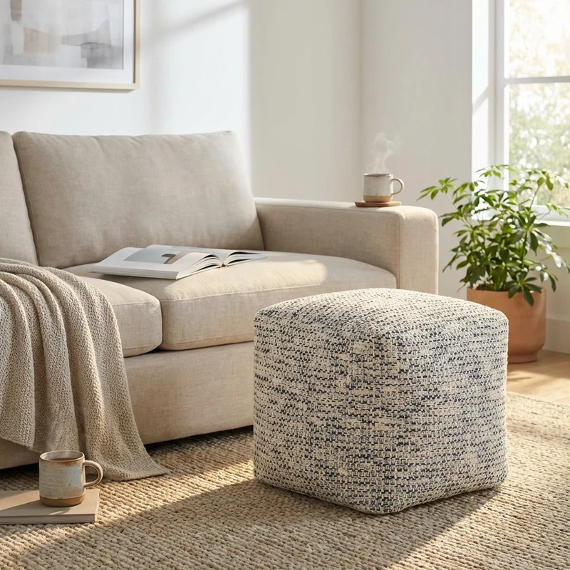 Pouf quadrato in lana intrecciata avorio 40x40 cm - HELOLZIO