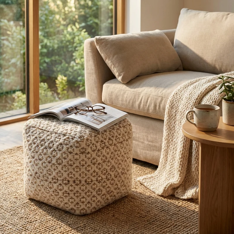Pouf quadrato in lana intrecciata avorio con decoro 40x40 - NORENLEN
