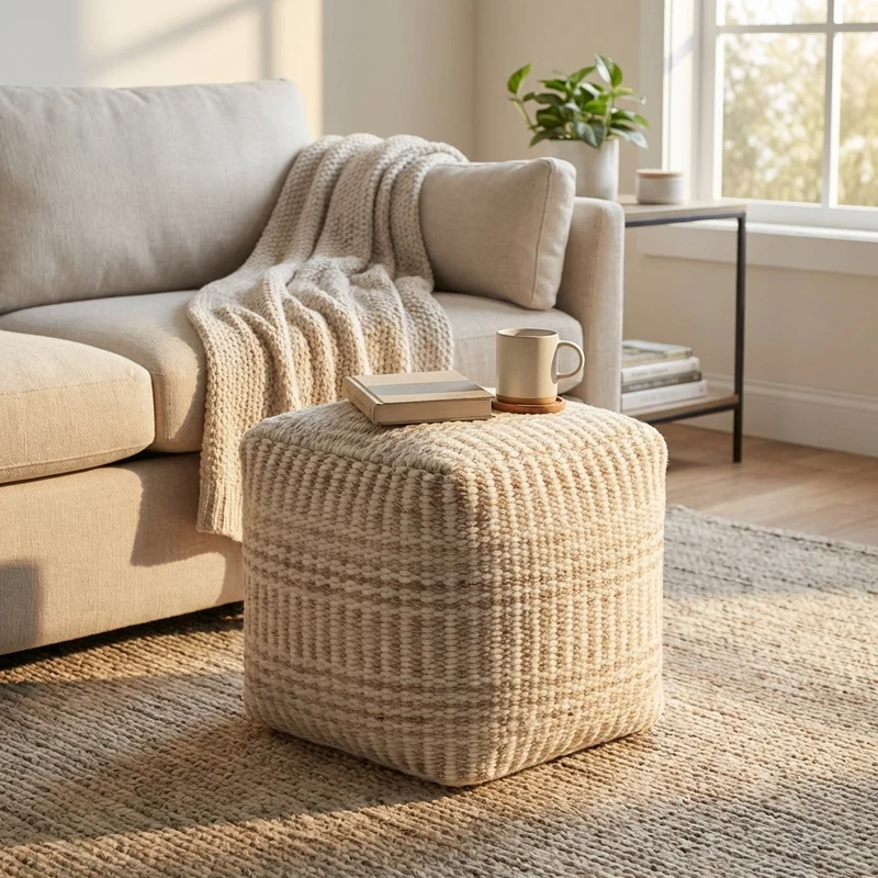 Pouf quadrato in lana intrecciata avorio 40x40 cm - TORORRIC