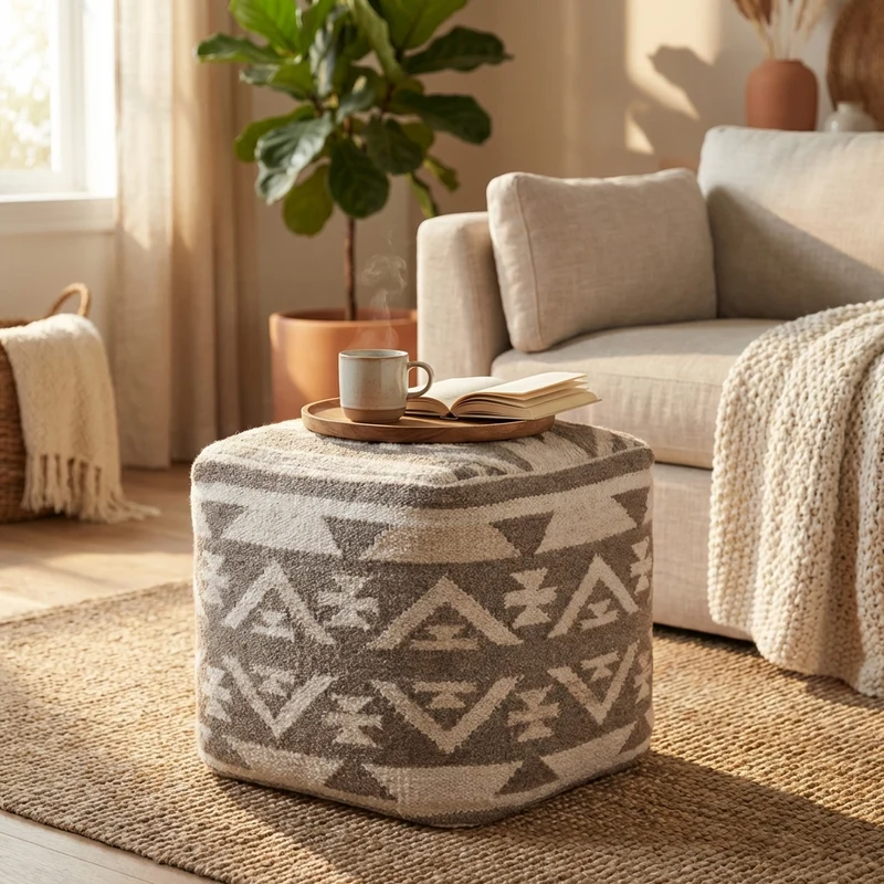 Pouf quadrato in lana con fantasia etnica geometrica 40x40 cm - ORORRIC