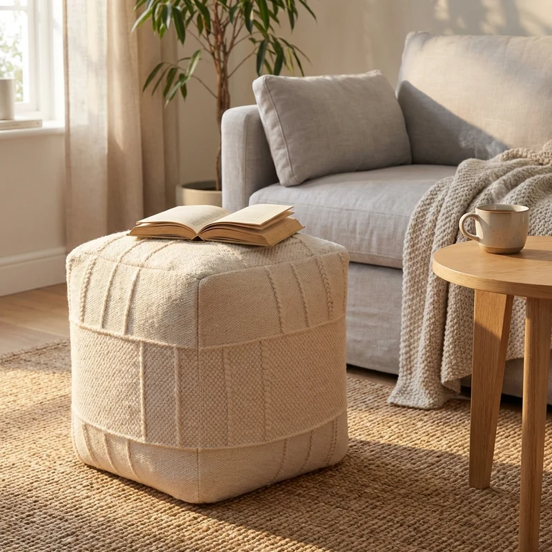 Pouf quadrato in lana intrecciata avorio 40x40 cm - YORILDIL