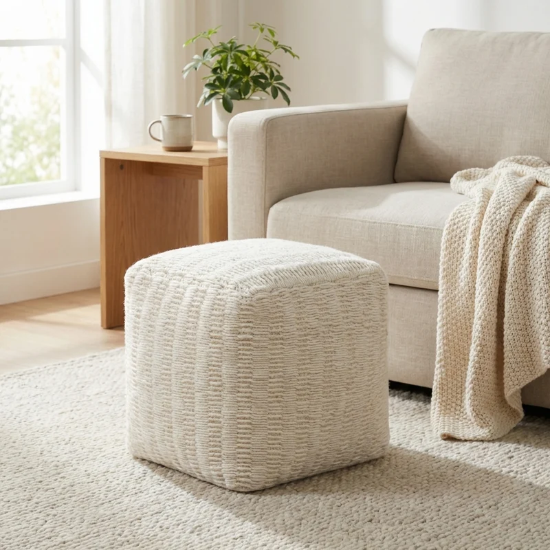 Pouf cubo in lana intrecciata avorio 40x40x40 cm - MARORLUNA