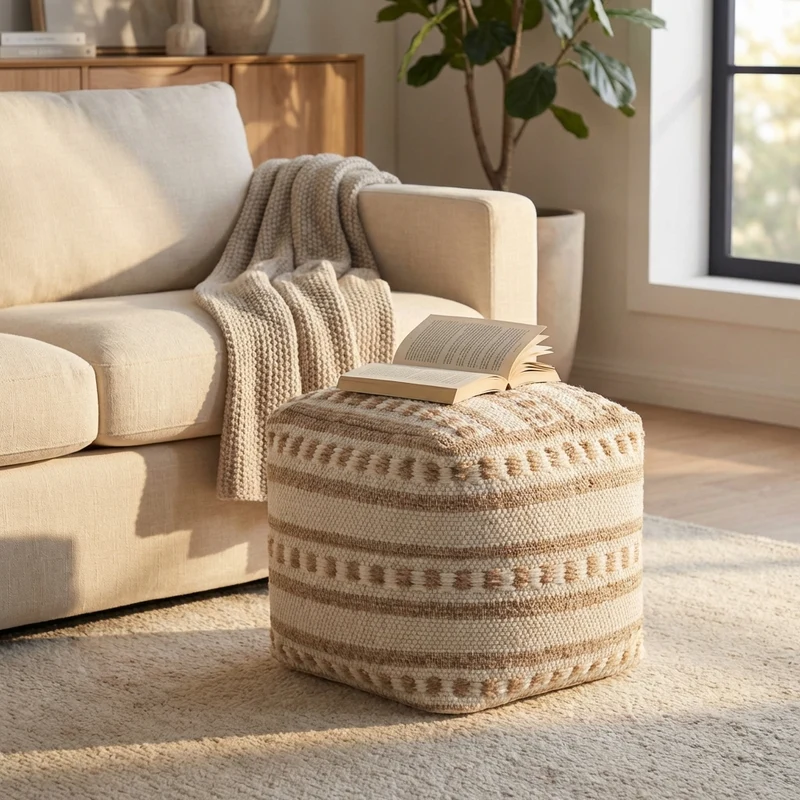 Pouf quadrato in lana tessuta con decorazioni etniche 40x40 - ULELLUNA