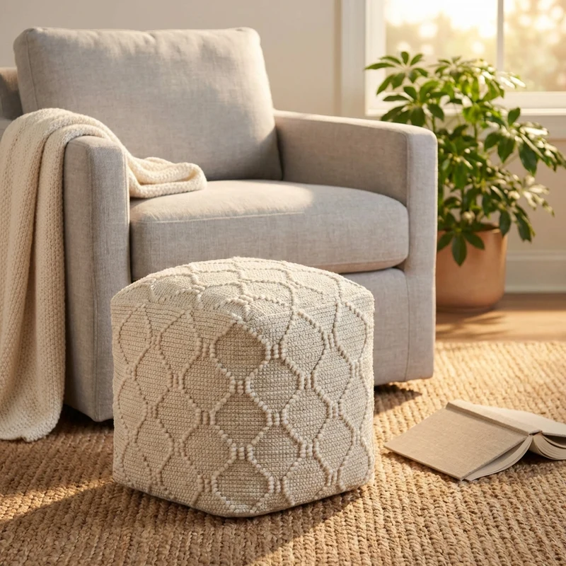 Pouf quadrato in lana avorio con motivo geometrico 40x40 - BELIRMAR
