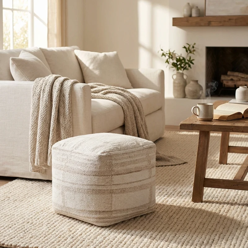 Pouf quadrato in lana tessuta avorio con decoro 40x40 cm - ALUNMOND