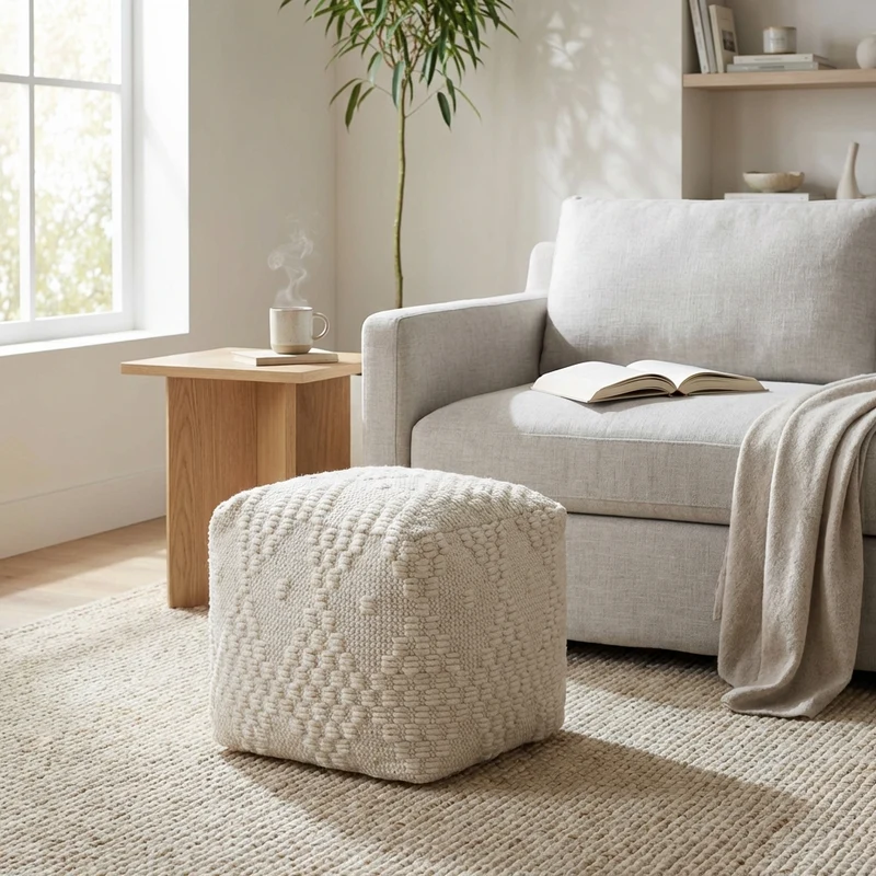 Pouf cubo in lana intrecciata 40x40 cm avorio - CORARON