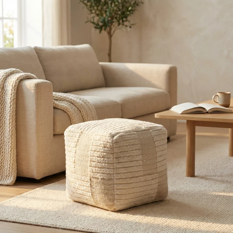 Pouf cubico in lana tessuta avorio 40x40 cm stile naturale - GALARRIC