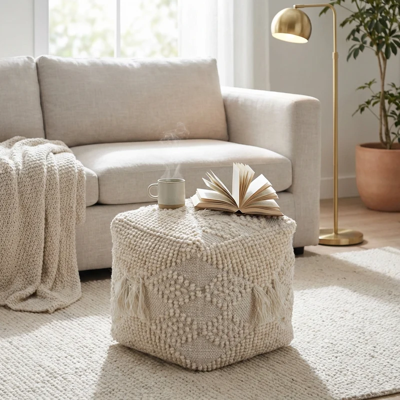 Pouf quadrato in lana avorio con nappine stile boho 40x40 - YORENOR