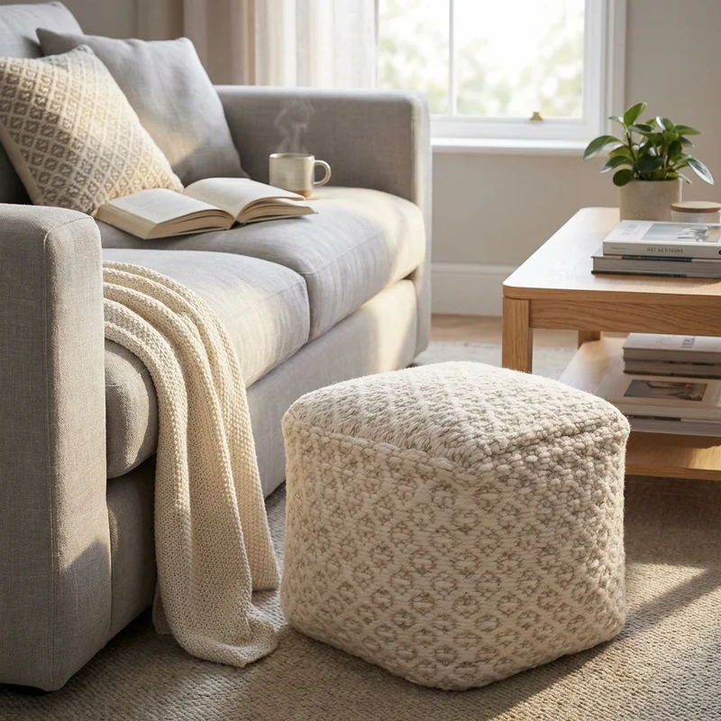 Pouf cubo in lana avorio con decoro 40x40 cm - NORENLEN