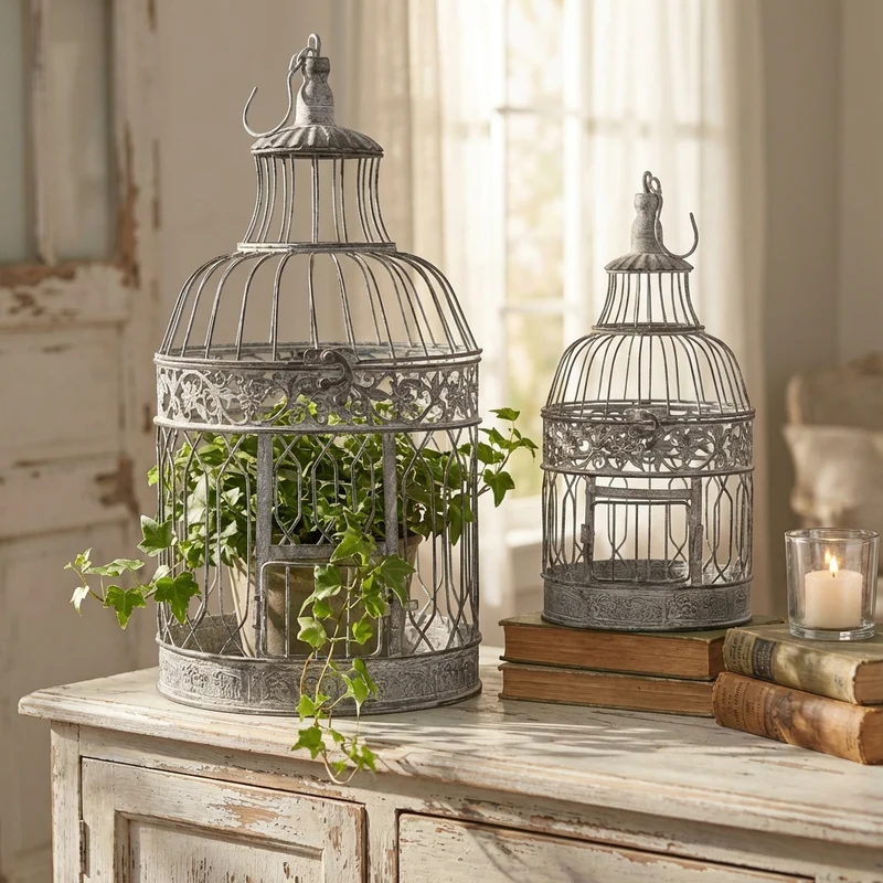 Set di 2 gabbie rotonde bianco ossidato in Acciaio cm 25x25x59 - NARDI