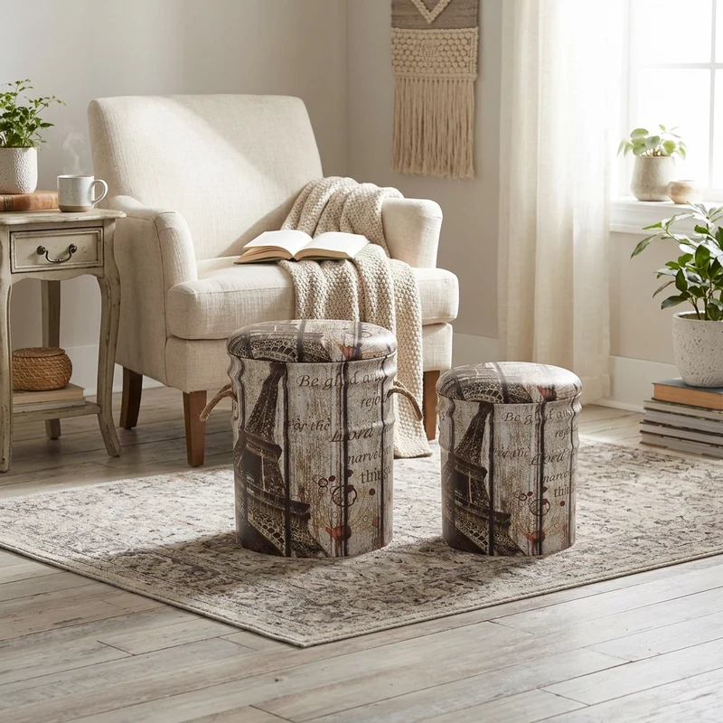 Set di 2 pouf contenitore Rotondo poggiapiedi in MDF PVC cm 30x30x38 - LENNY