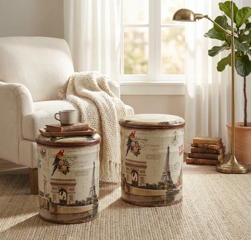 Set di 2 pouf contenitore Rotondo poggiapiedi in MDF PVC cm 30x30x37 - BUCH