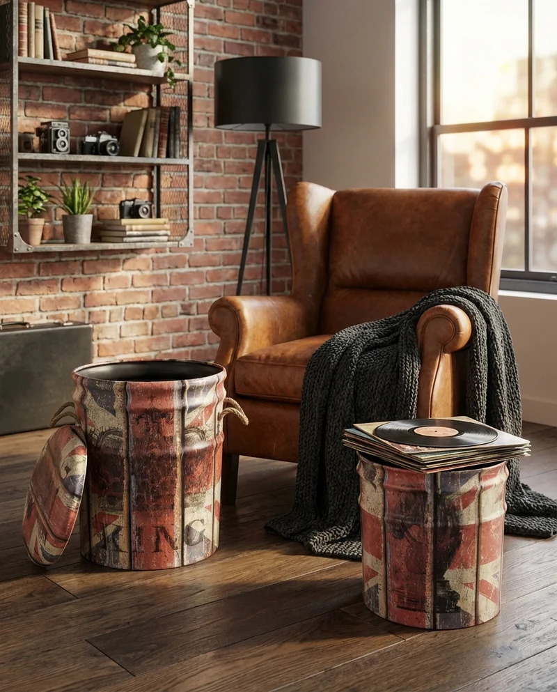 Set di 2 pouf contenitore Rotondo poggiapiedi in MDF PVC cm 30x30x38 - LENNY