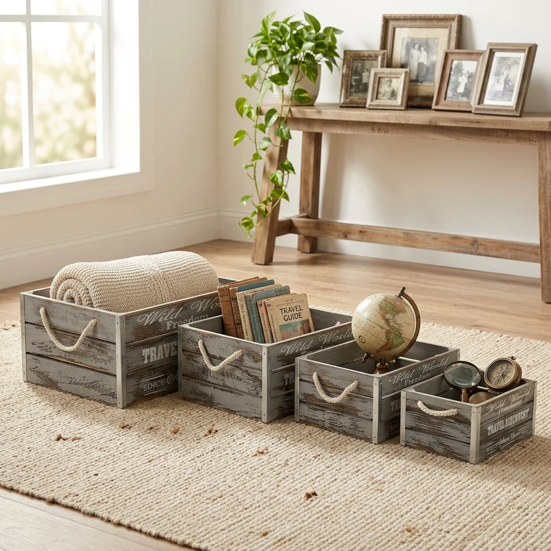 Set di 4 cassette in Legno cm 41x29x17 - GREY