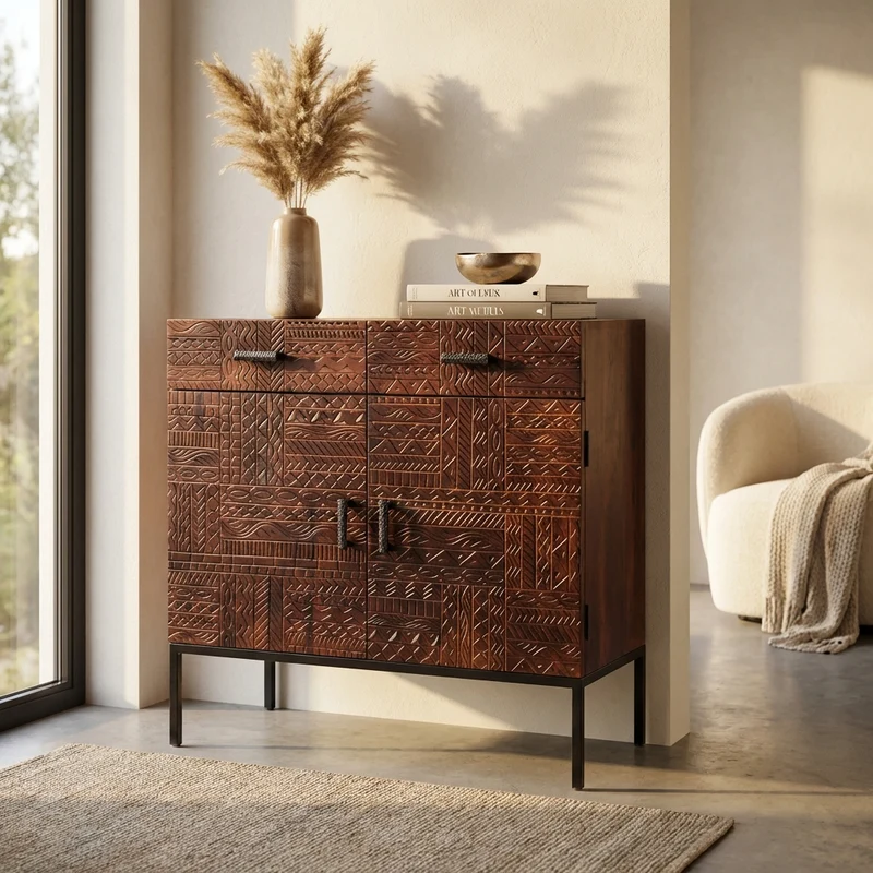 Cassettiera con decoro 2 ante 2 cassetti in Legno Metallo cm 90x40x85 - GIDEON