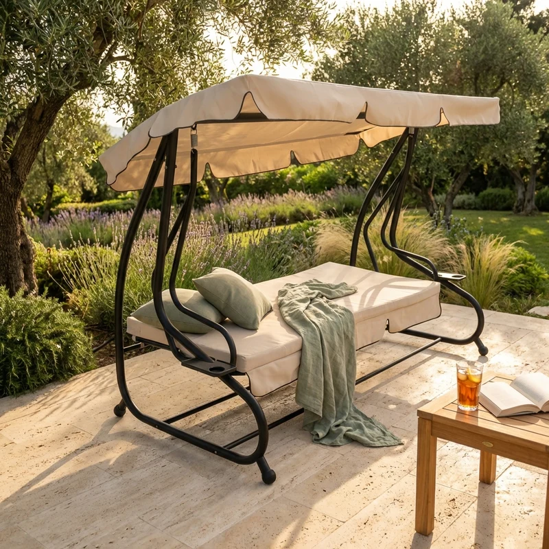 Dondolo Letto da Giardino con cuscini in Acciaio Tessuto cm 230x126x170 - WAYLON