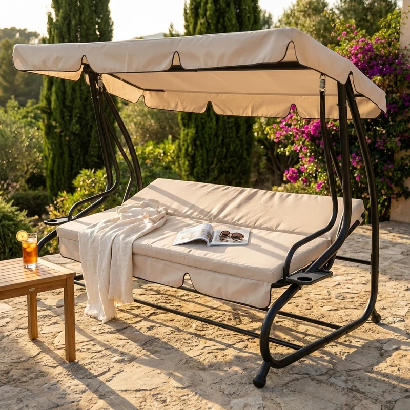 Dondolo Letto da Giardino con cuscini in Acciaio Tessuto cmx - WAYLON