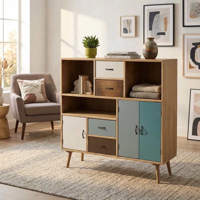 Mobiletto 3 ripiani 3 ante 4 cassetti in Legno cm 100x36 5x81 - BEAUMONT