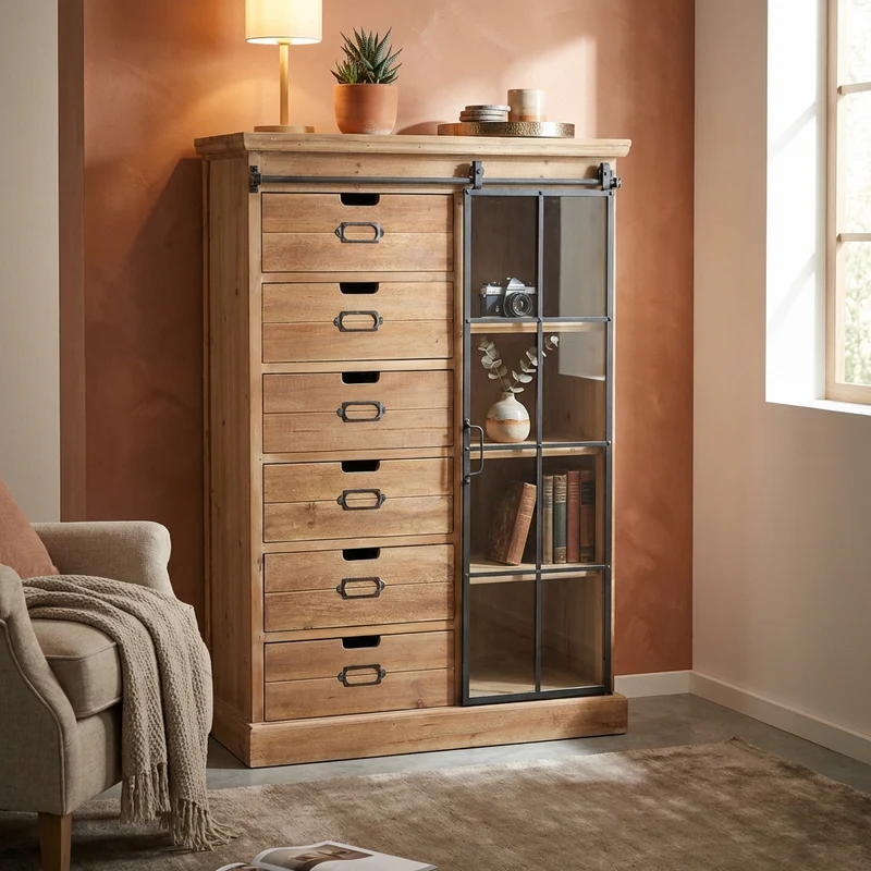 Cassettiera con anta scorrevole in Legno Metallo cm 82x39 5x123 - BRENNAN