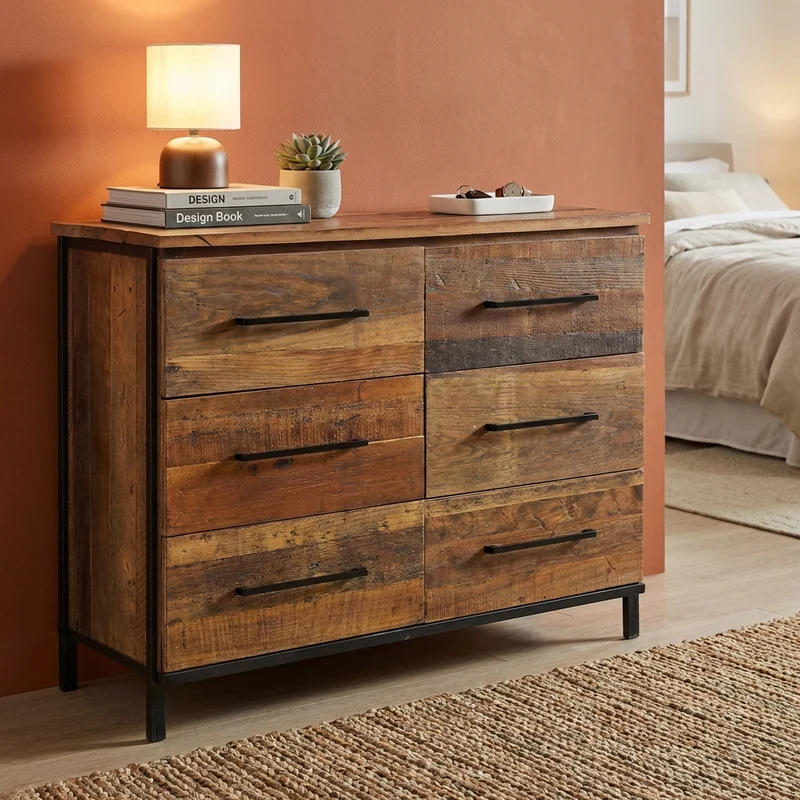 Cassettiera Moderna con sei cassetti in Legno Metallo cm 110x45x86 - DARWIN