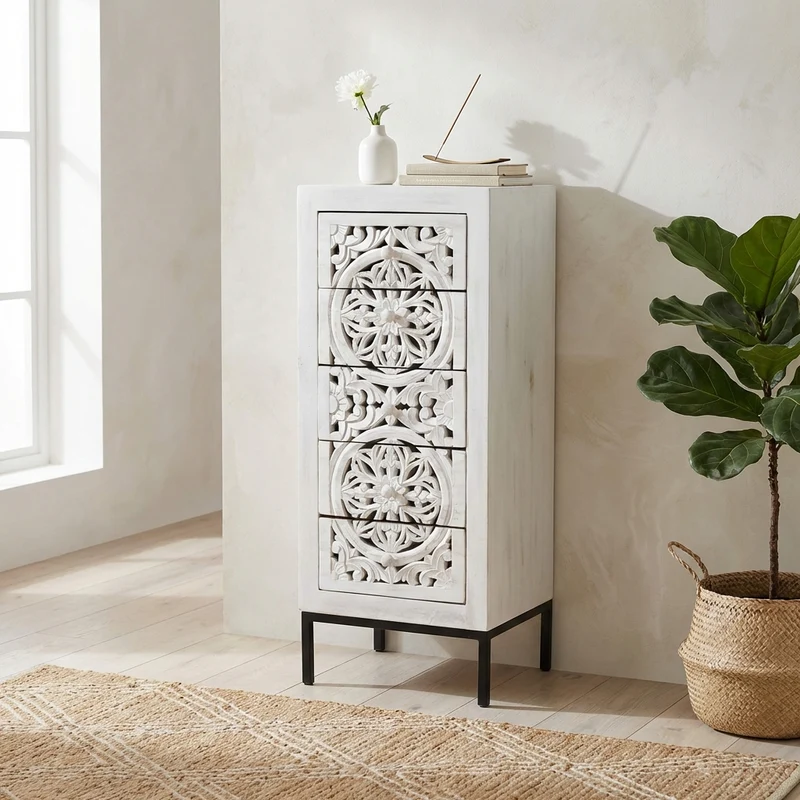 Cassettiera con decoro 5 cassetti in Legno Metallo cm 45x35x105 - KONNOR