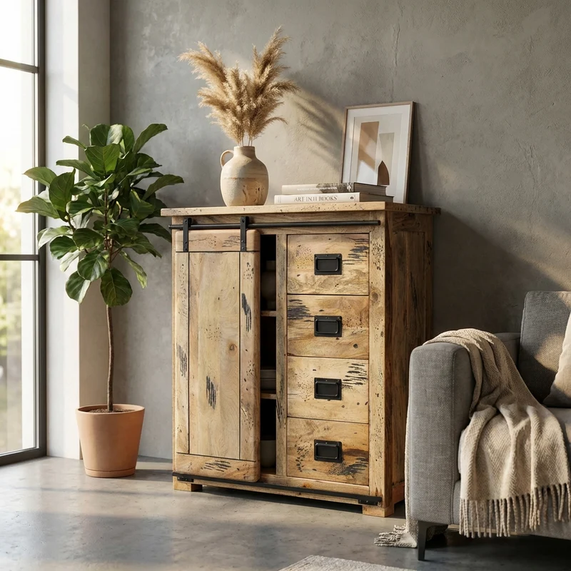 Cassettiera per soggiorno Industrial in Legno cm 90x45x100 - RICK