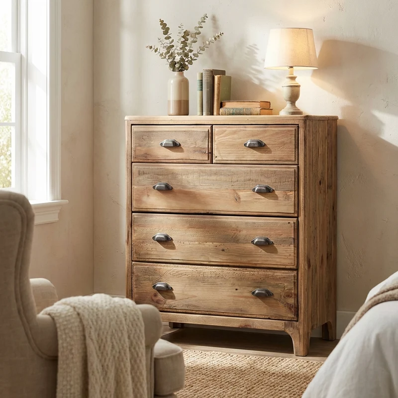 Cassettiera con 5 cassetti in Pino riciclato cm 90x48x100 - PINE