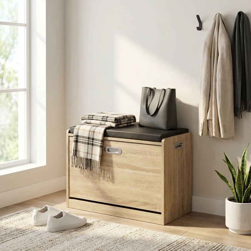 Scarpiera con Cuscino in Legno Effetto Rovere per Ingresso - XANERRIC