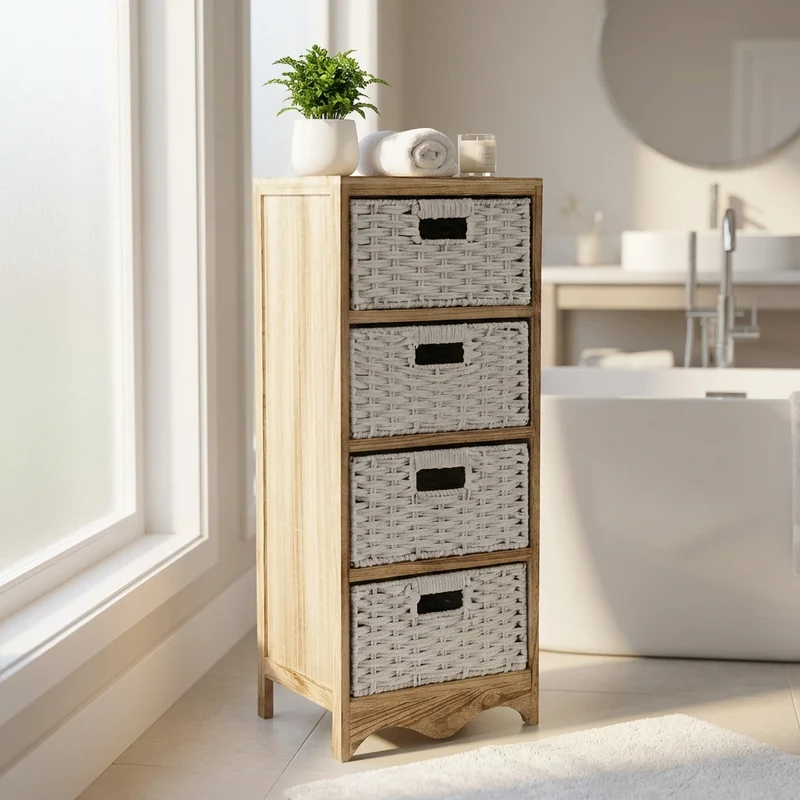 Mobiletto in legno 4 cassetti in vimini intrecciato 35x30x84 cm - FALERNOR