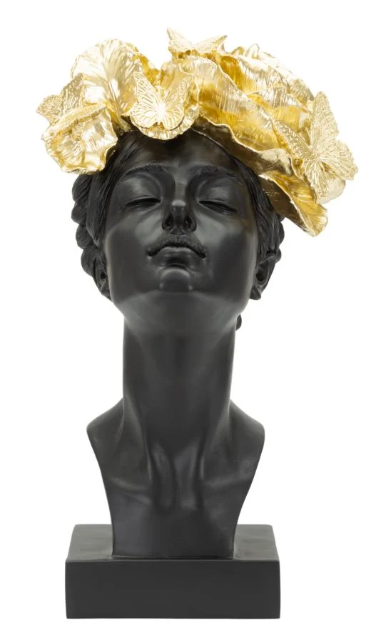 Statua Testa di Donna con Farfalle e Foglie Dorate 21x20x36,5 cm - BUTTERFLYA