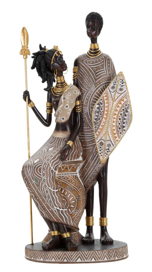 Statuetta Coppia Tribale Africana con Lancia e Scudo 38 cm - FAMILIS