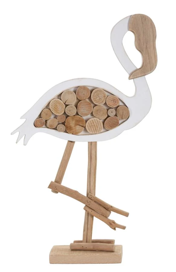 Scultura Fenicottero Decorativa con Applicazioni in Legno 31x9x56 cm - FLAMINGO