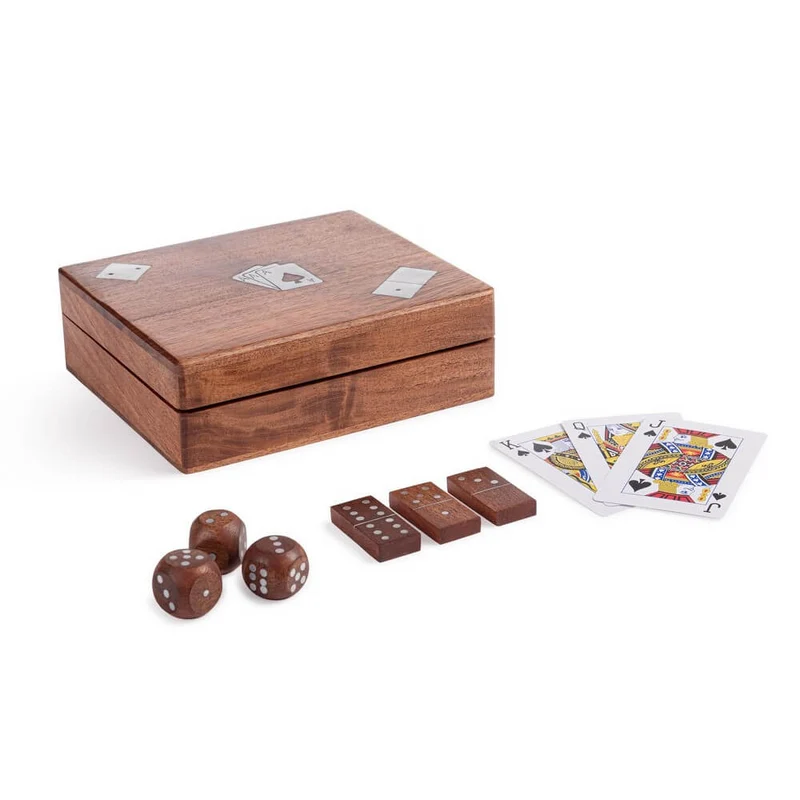 Scatola decorativa in legno di acacia con carte da gioco e dadi - CARTE