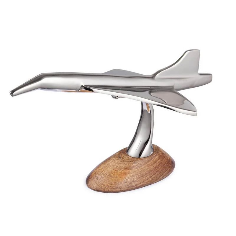 Modellino Aeroplano Decorativo in Metallo Cromato con Base in Legno - AEROPLANO