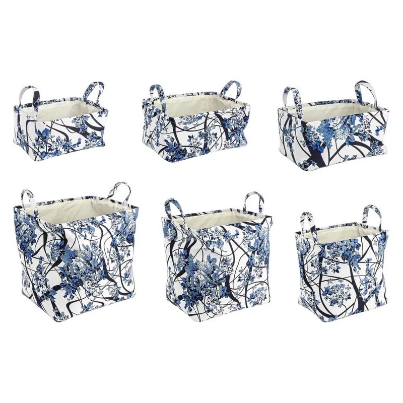 Set di 2 Set da 3 Cestini Portaoggetti in Tessuto Floreale Blu - RALORA