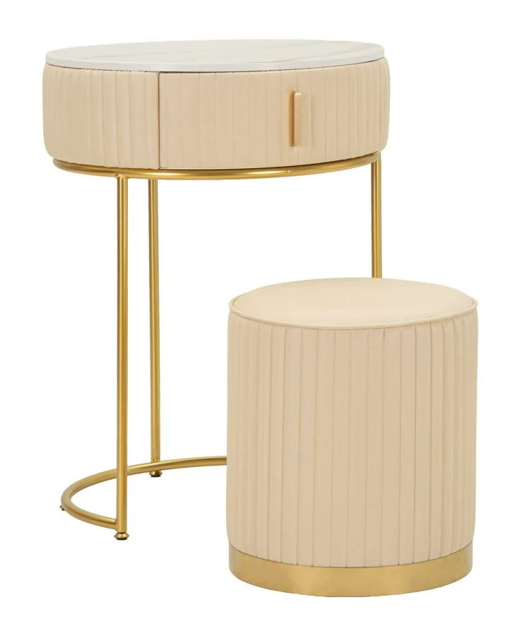Tavolino Toletta Rotondo con Pouf e Base Dorata 52x70 cm - POK
