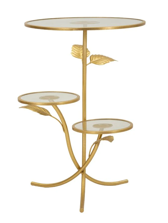 Tavolino rotondo 3 ripiani dorato con motivi foglie 54x69 cm - LEAF