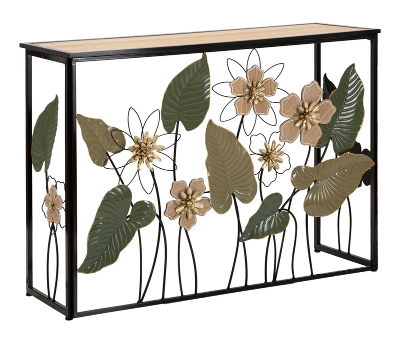 Console in metallo nero con decori floreali e piano in legno - SPRING